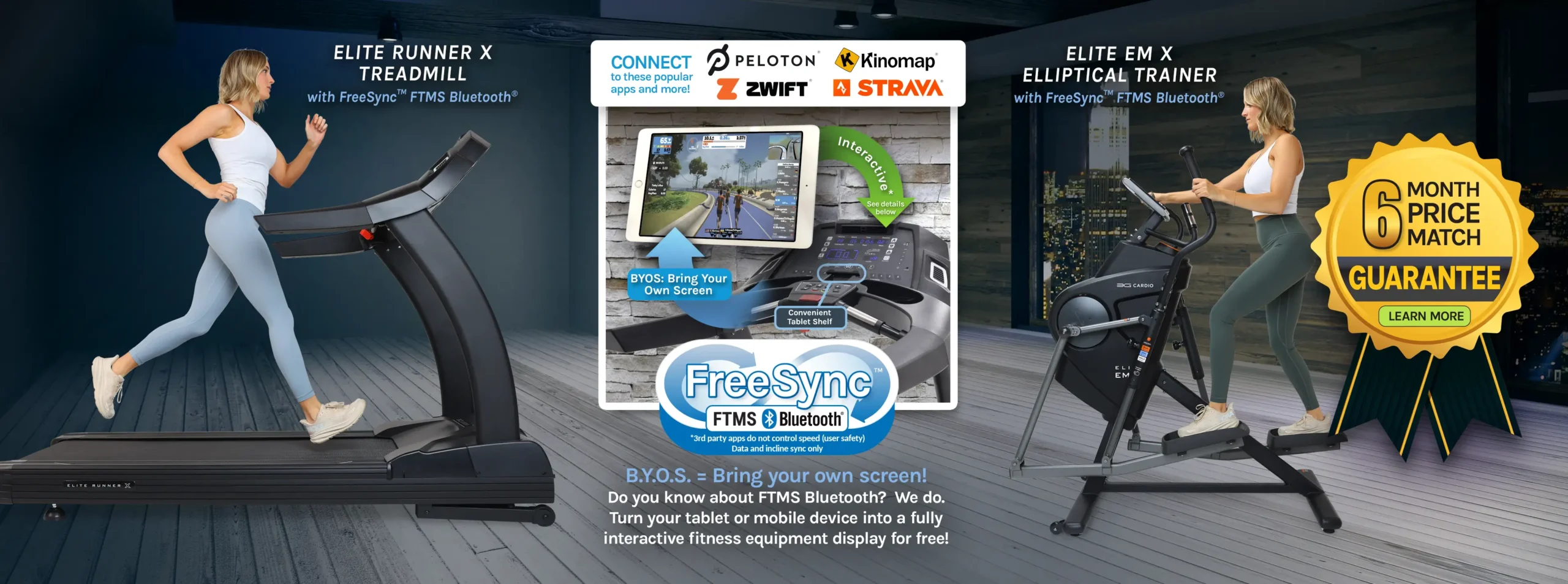 3G Cardio Fitness Equipment with our new FreeSync™ with FTMS Bluetooth® Connect to apps like Peloton® Zwift Kinomaps Strava and more