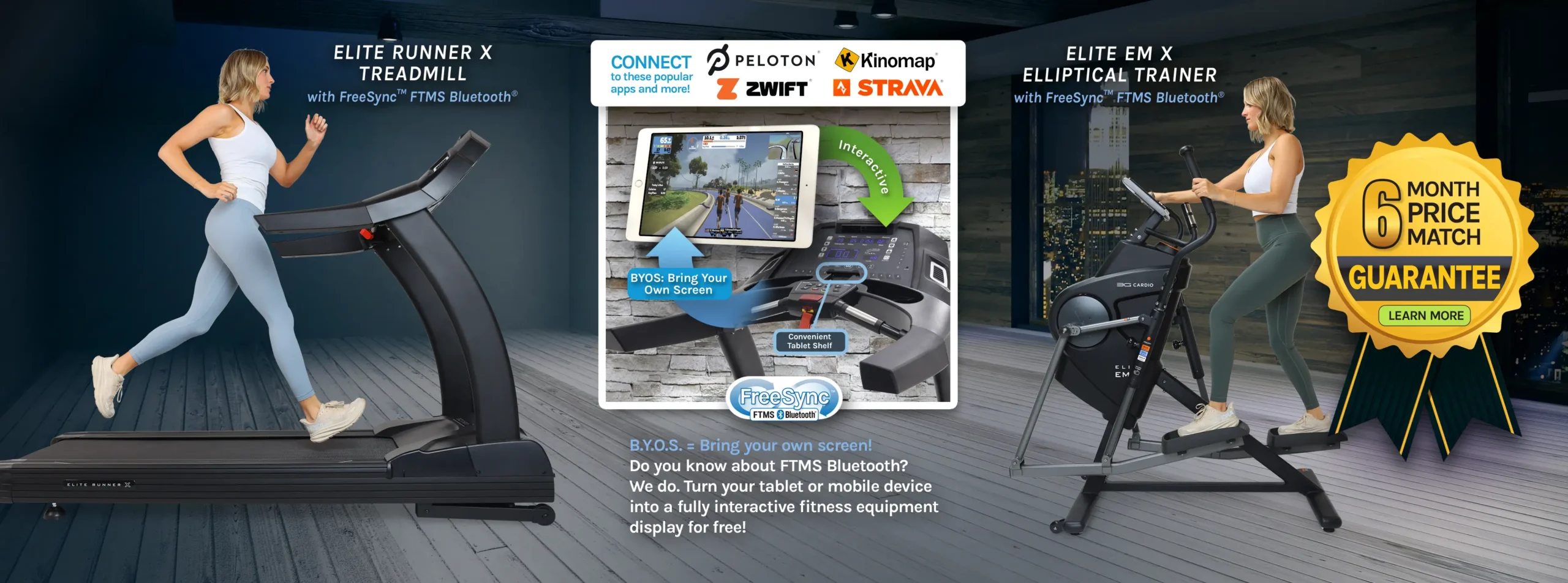 3G Cardio Fitness Equipment with our new FreeSync™ with FTMS Bluetooth® Connect to apps like Peloton® Zwift Kinomaps Strava and more